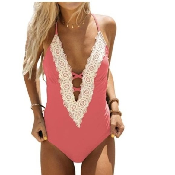 Lot of 3 Swimsuit Bikini Tassel Trim Top Halter Straps One pieces size LARGE - Picture 2 of 7